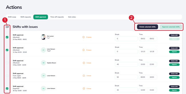 Approve-delete selected shifts